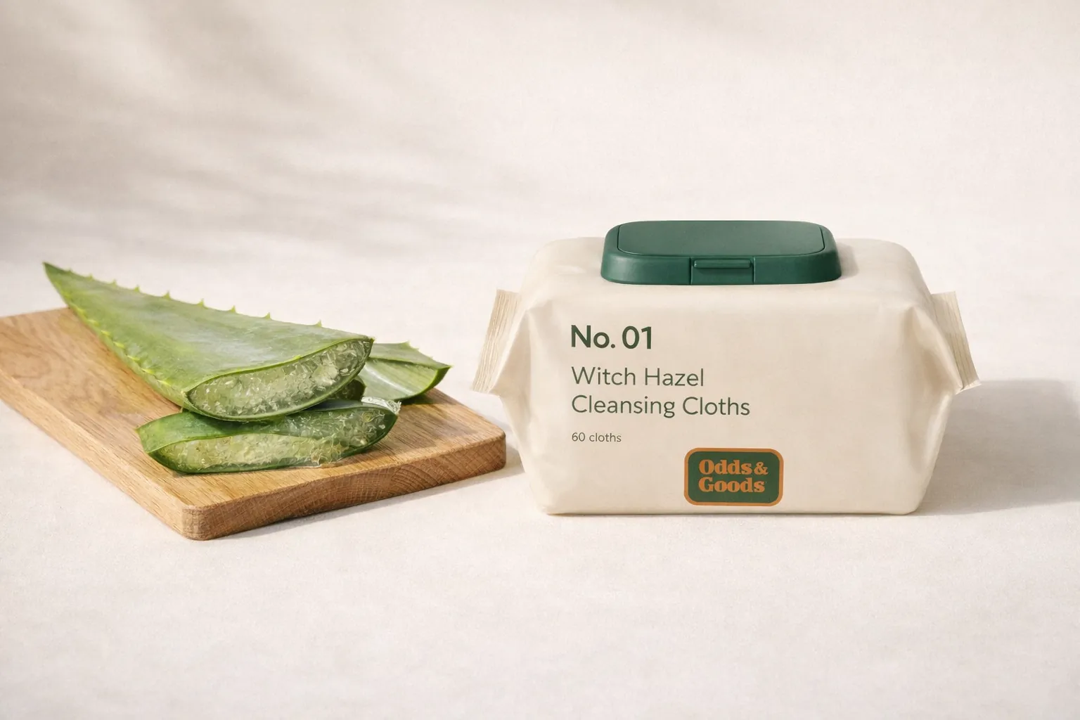 A sliced aloe leaf beside the No. 01 pouch.