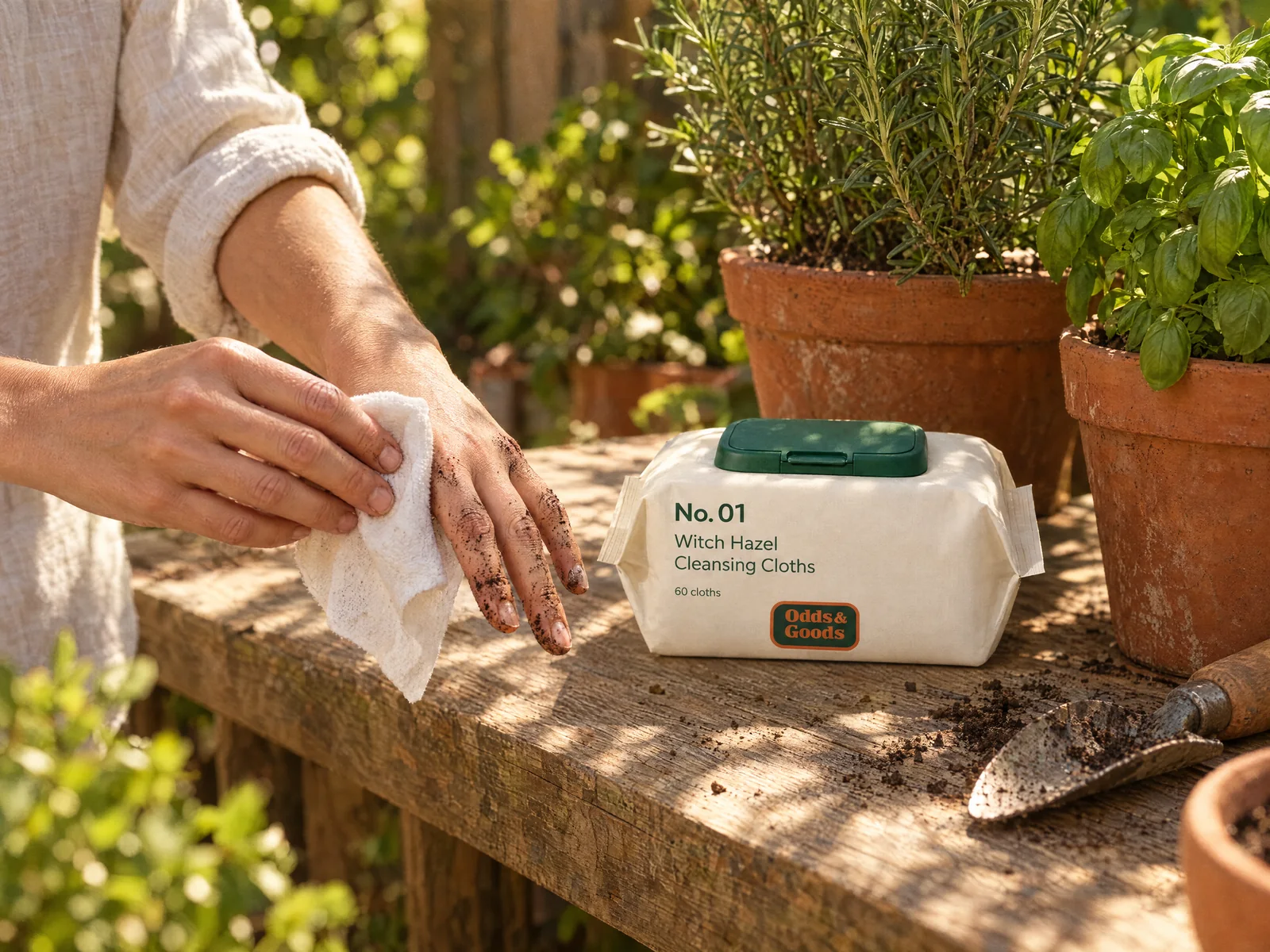 Soil-dusted hands wiped clean with a cloth from the No. 01 pack on a sunny potting bench.