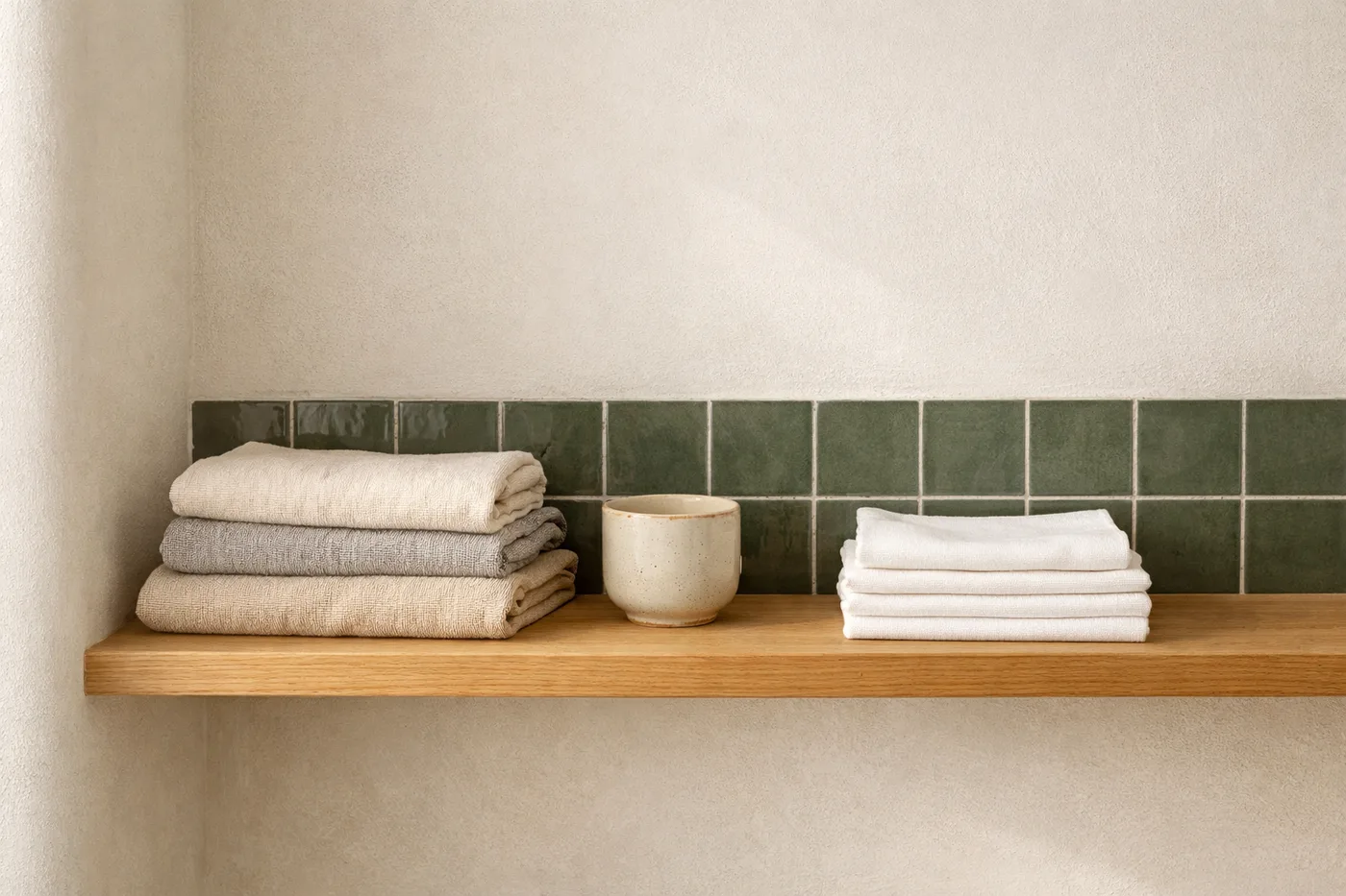 A calm bathroom corner with an oak shelf, folded towels and a stack of white cloths.